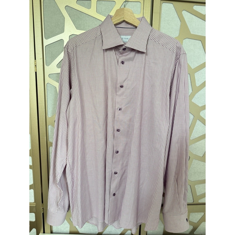 Eton Mens Dress Shirt Size 44 17.5 Contemporary Purple Stripe Gingham Cotton EUC